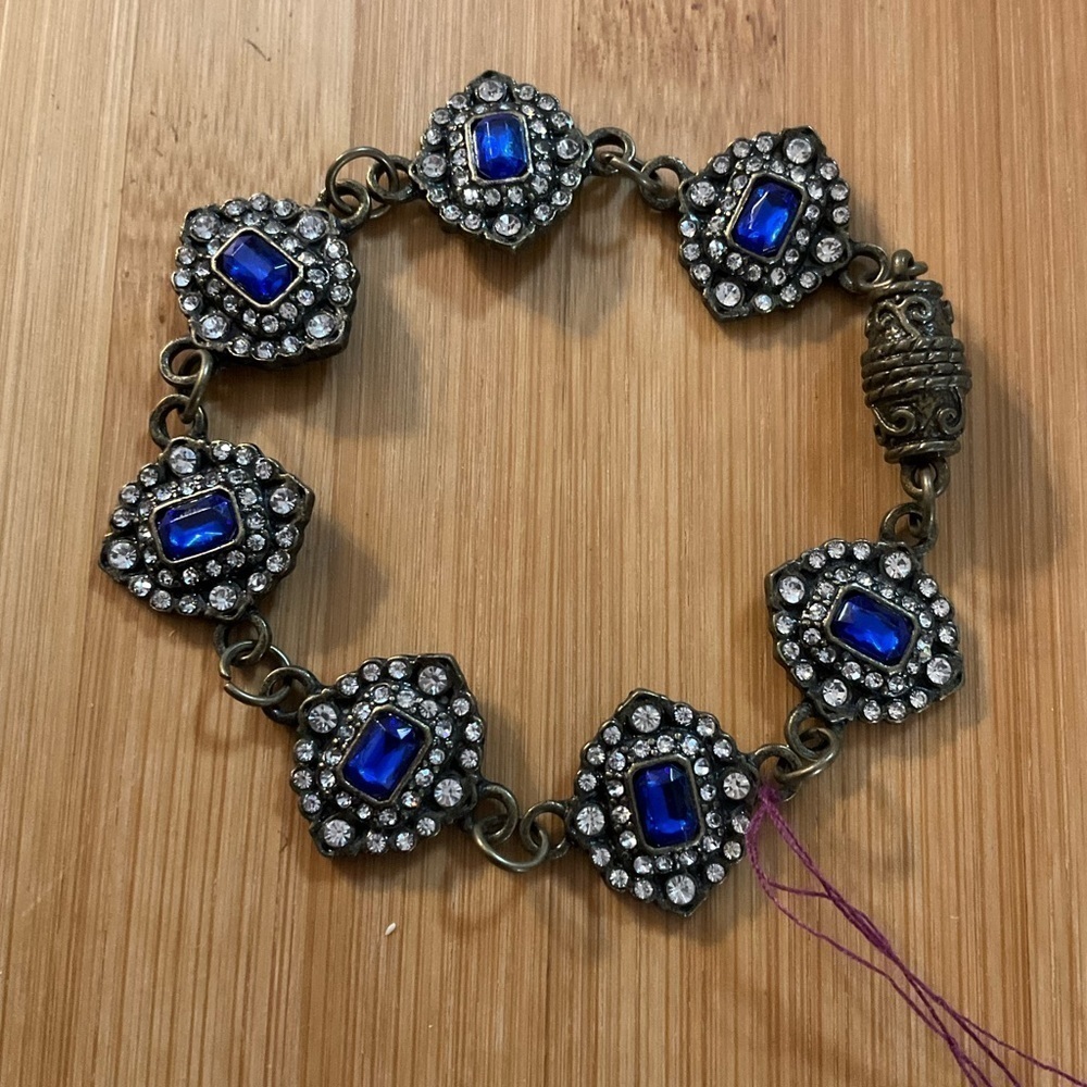 Hand Crafted Bracelet Blue Crystals Clear Rhinestones Bronze Magnetic Clasp